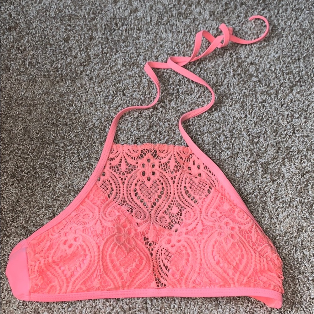Women’s used coral halter neck crochet swim top